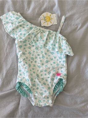 Ruffle Butts White Swimsuit with Mint Leaf Print